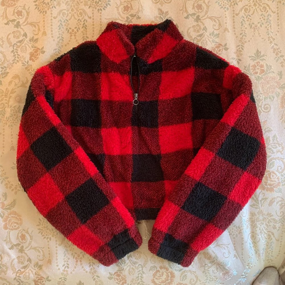 Red/black fleece sherpa crop jacket